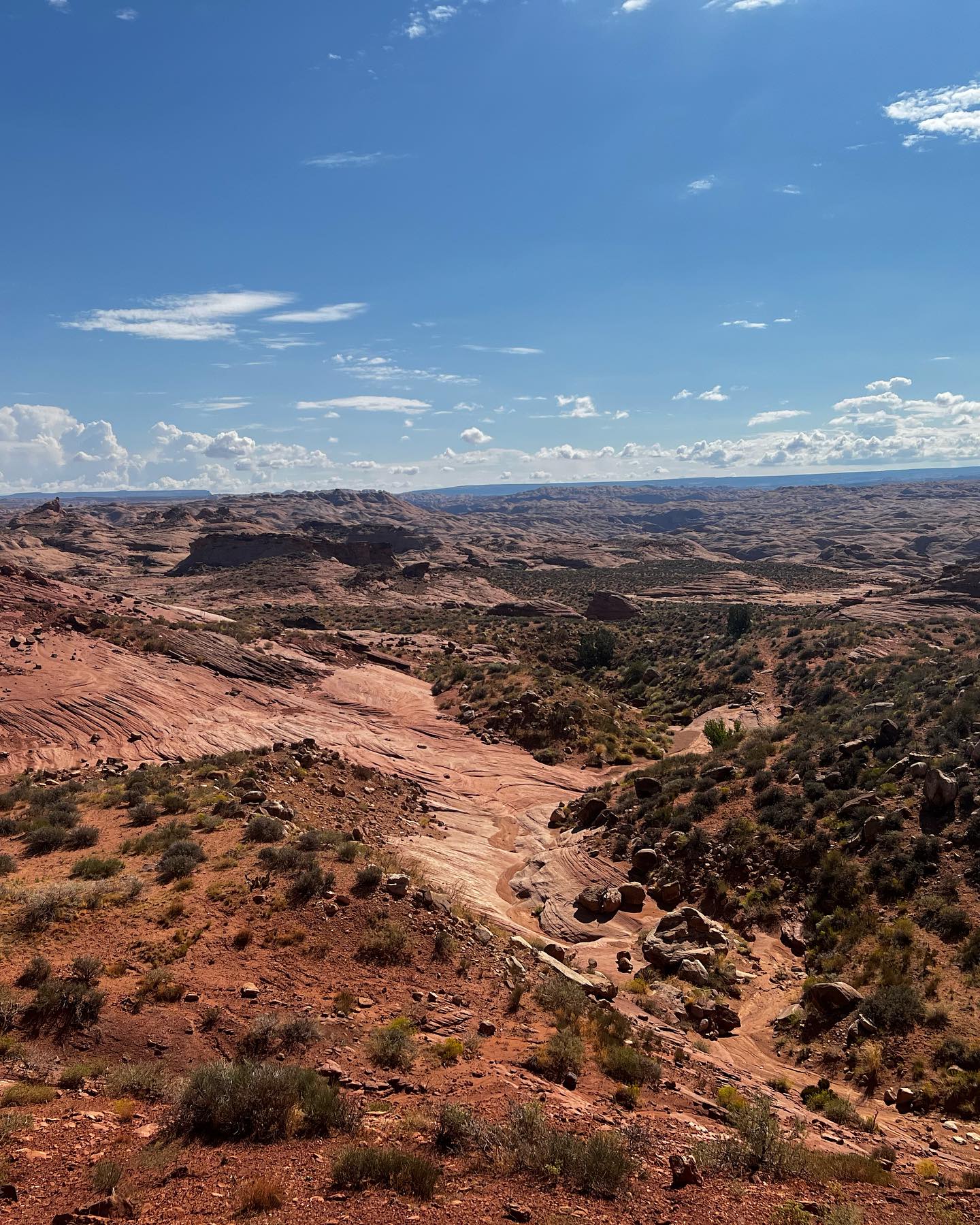 Slickrock wash ahead on the unmarked Reflection Canyon route
