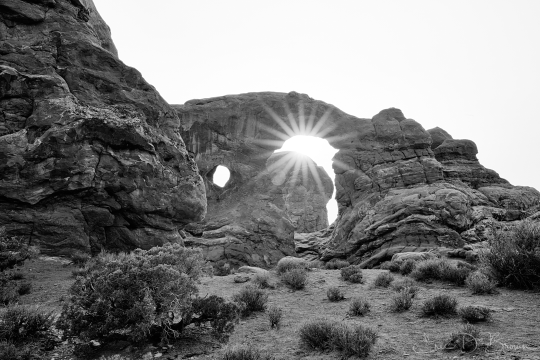 Turret Arch in Arches National Park in black and white, with the setting sun forming a starburst inside the arch opening and sagebrush across the foreground.